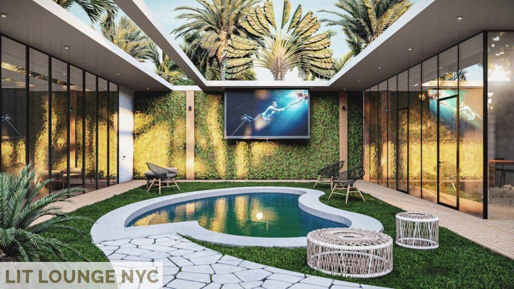 a backyard with a pool and a television